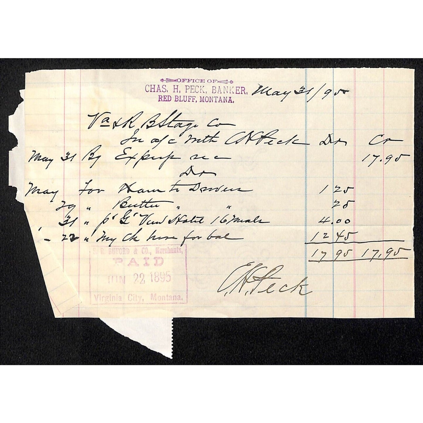 Red Bluff, MT Chas. H. Peck, Banker 1895 Expense Statement / Billhead Elling*