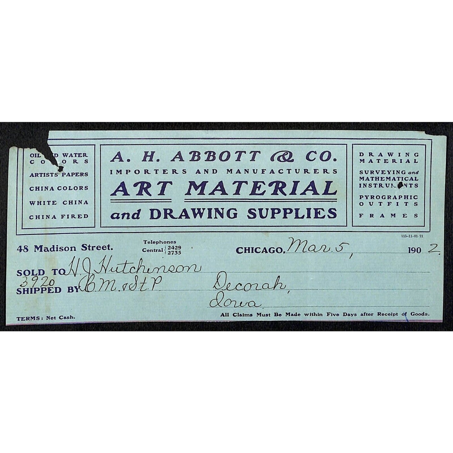 A.H. Abbott & Co. Art Material Chicago Hutchinson Decorah IA* Cut 1902 Billhead