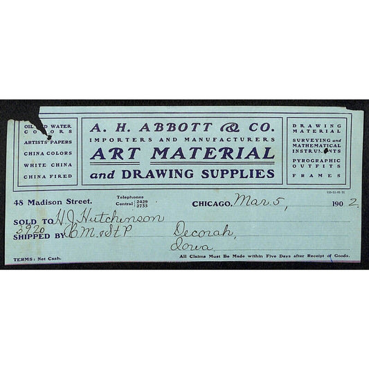 A.H. Abbott & Co. Art Material Chicago Hutchinson Decorah IA* Cut 1902 Billhead