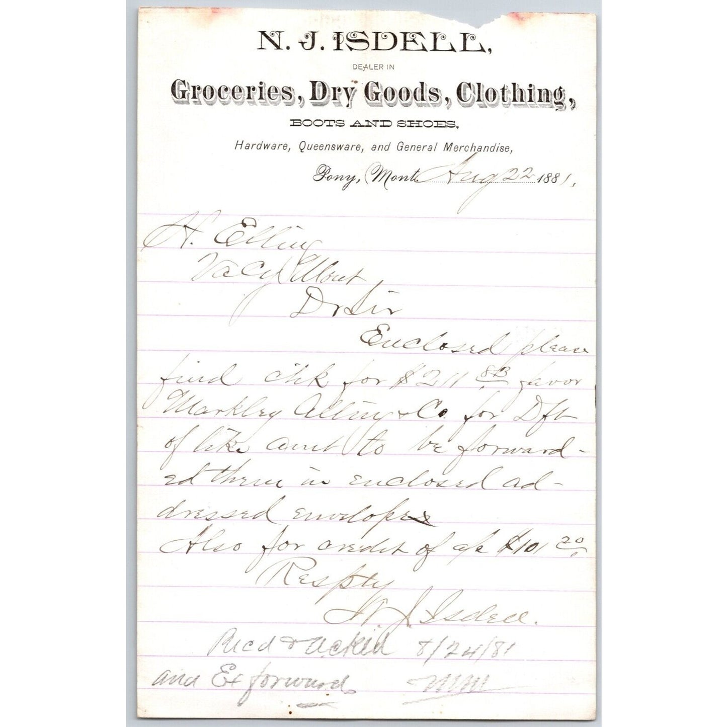 N.J. Isdell Pony, MT Dry Goods 8/22 1881 Payment Advice Billhead Henry Elling*