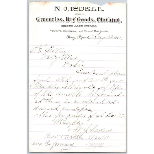 N.J. Isdell Pony, MT Dry Goods 8/22 1881 Payment Advice Billhead Henry Elling*