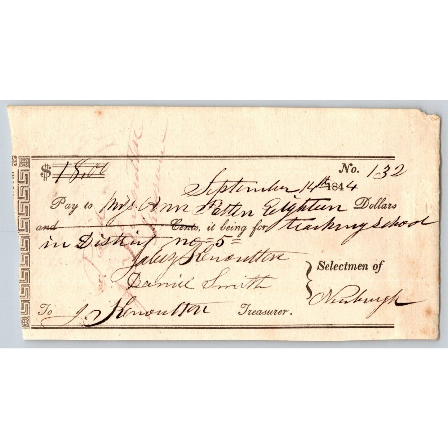 1844 Jabez Knowlton* Newburgh ME Town Check to Miss Ann Patten for Teaching