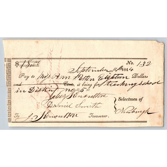 1844 Jabez Knowlton* Newburgh ME Town Check to Miss Ann Patten for Teaching