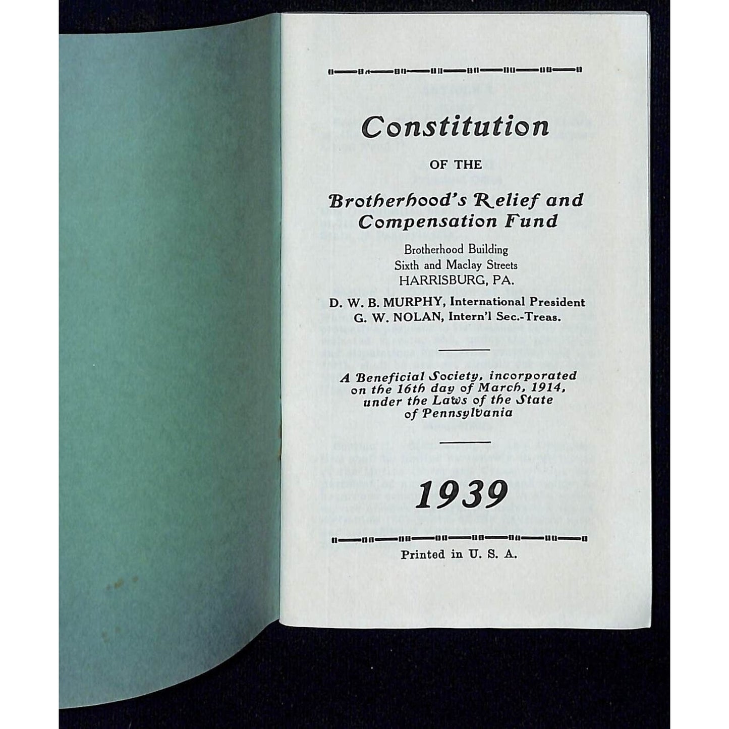 1939 Brotherhood's Relief and Compensation Fund BRCF Railroad Booklet 57pp VGC