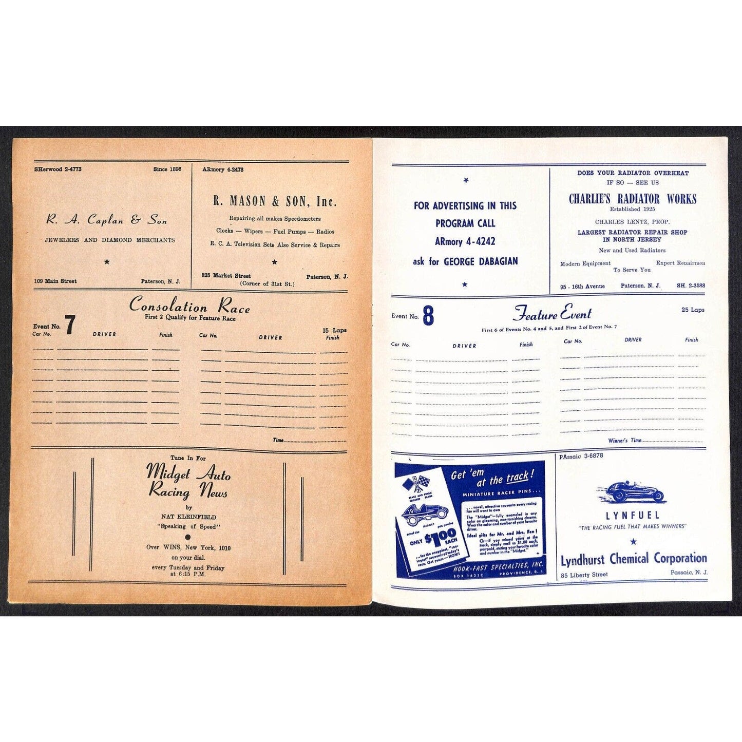 Hinchliffe Stadium Midget Auto Races 8/5 1947 Program Ralph Lund 4pp VGC