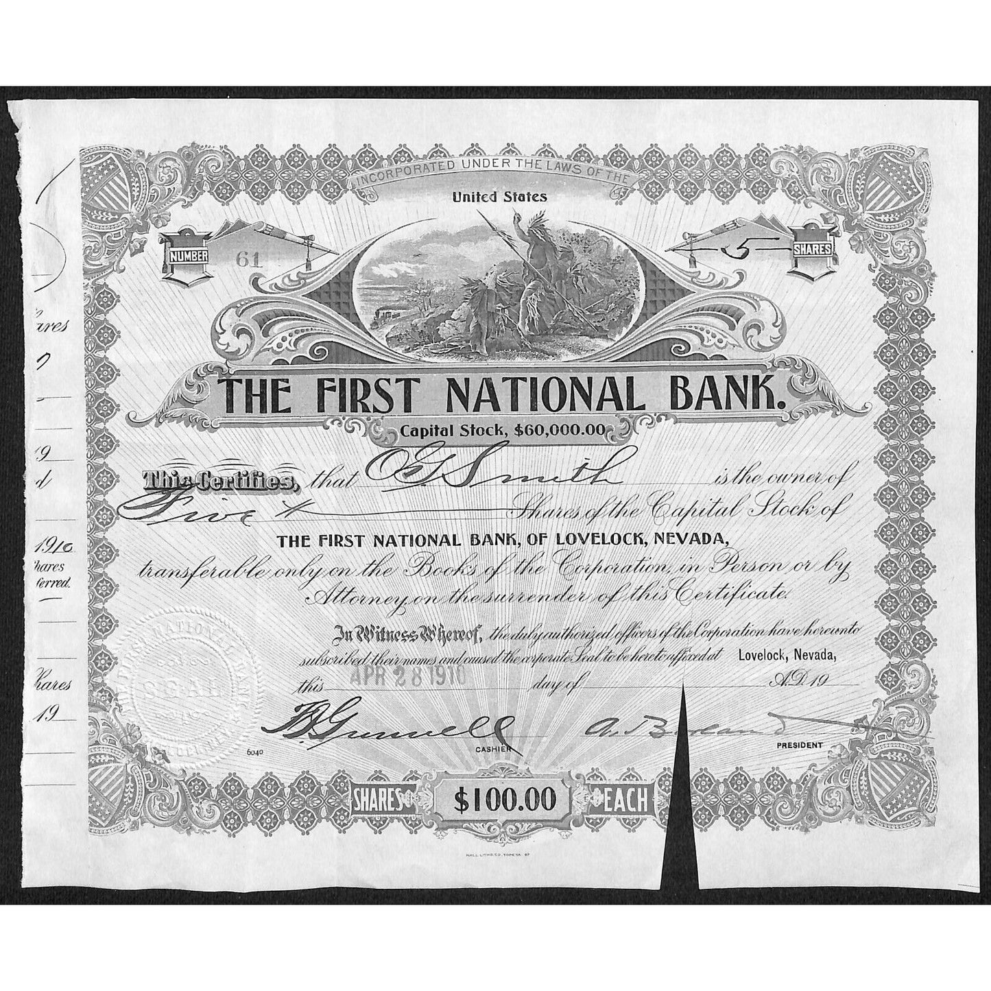 First National Bank of Lovelock, NV 1910 Stock Certificate to O.G. Smith *