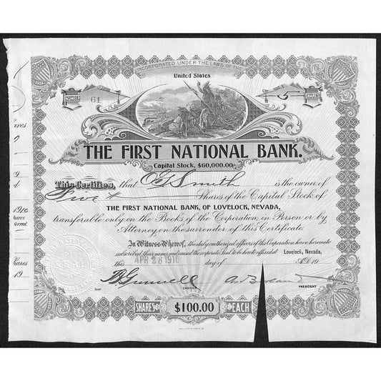 First National Bank of Lovelock, NV 1910 Stock Certificate to O.G. Smith *