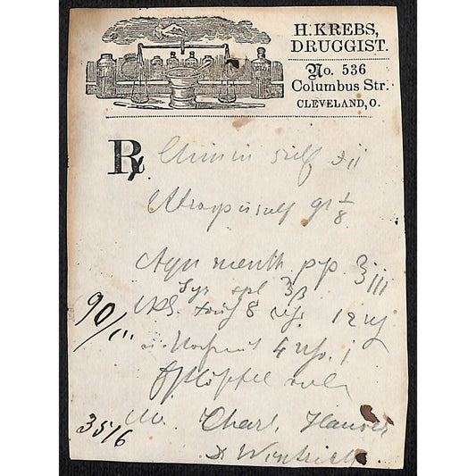 H. Krebs, Druggist Columbus St. Cleveland c1870's* Prescription #3516