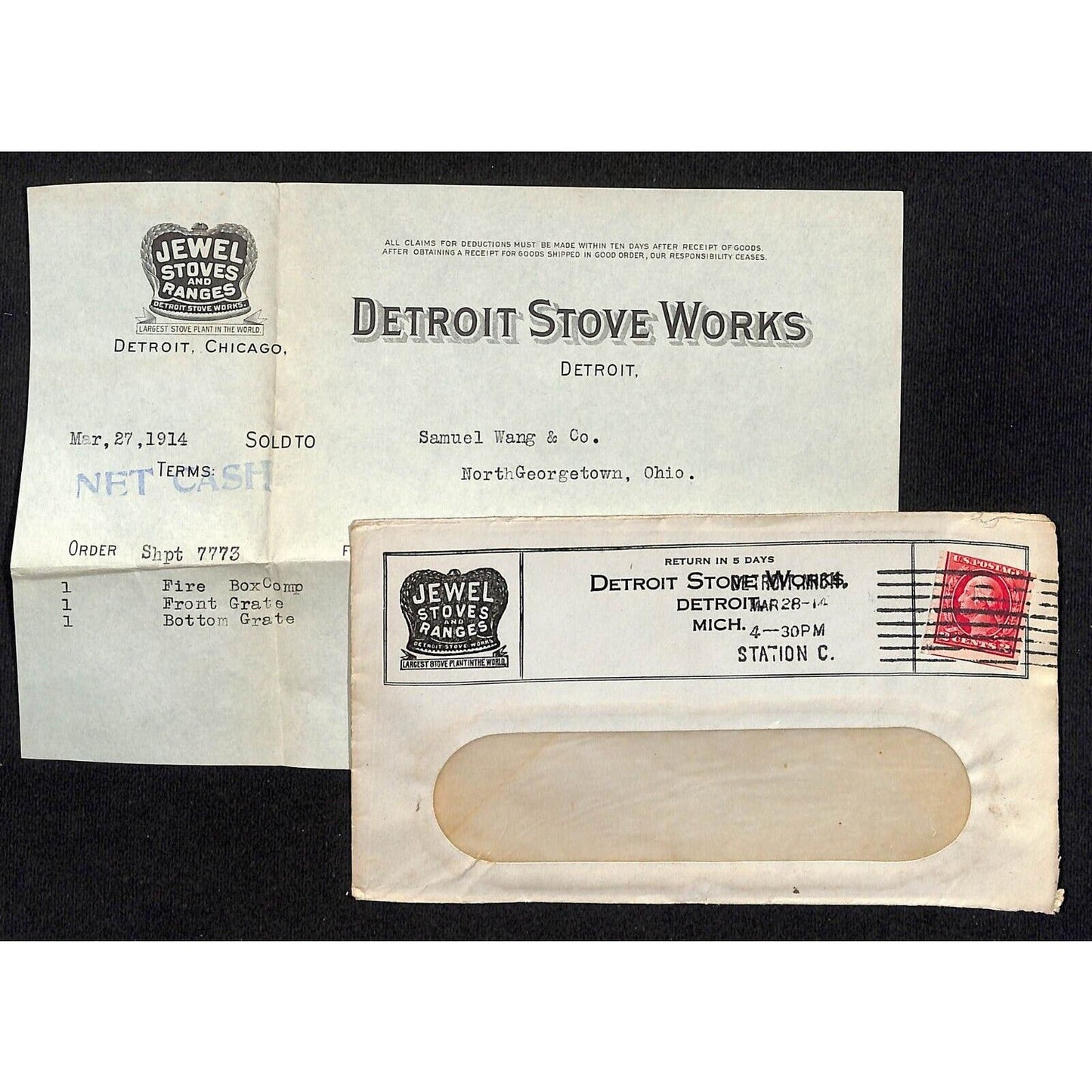 Detroit Stove Works / Samuel Wang Co* North Georgetown 1914 Billhead & Cover