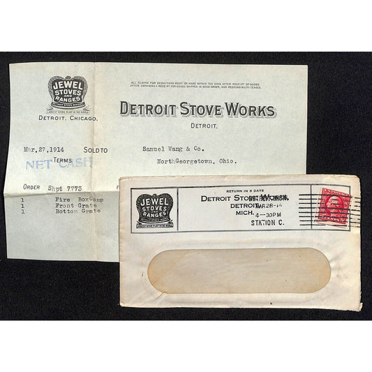 Detroit Stove Works / Samuel Wang Co* North Georgetown 1914 Billhead & Cover
