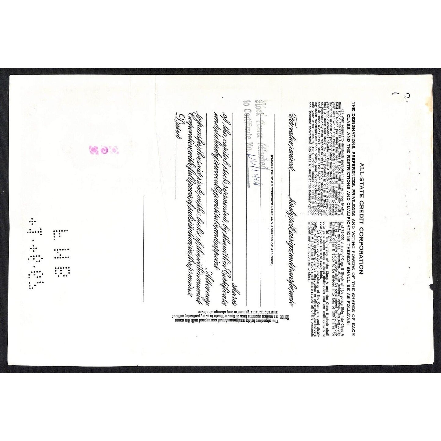 All State Credit Corporation NY 1963 Stock Certificate Sophie Oland