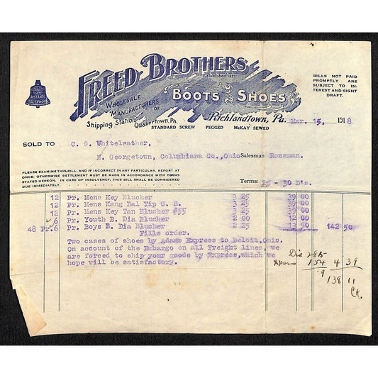 Freed Brothers Richlandtown, PA 1918 Receipt Whiteleather* / Bell System