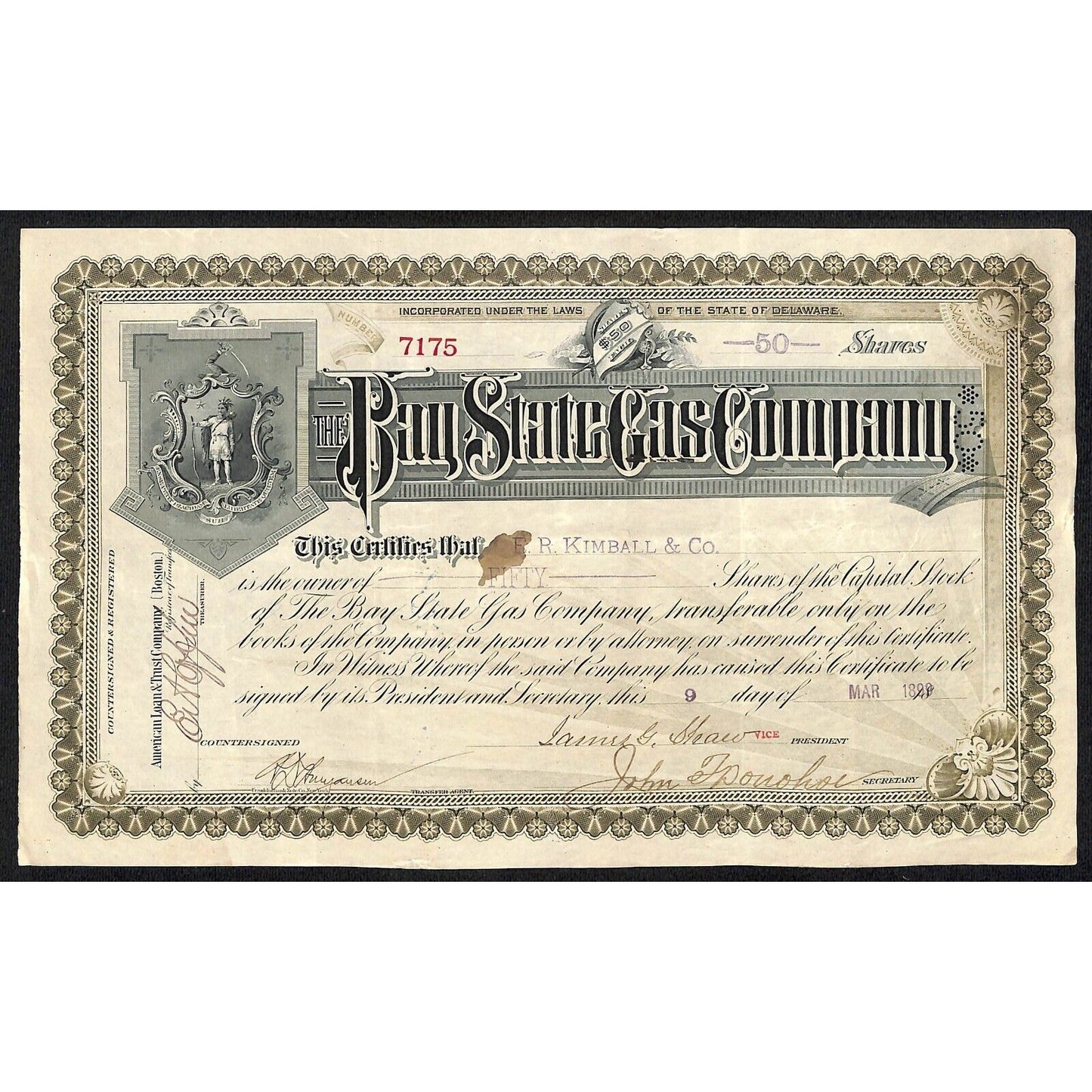 Bay State Gas Company Delaware 1899 Stock Certificate E.R. Kimball & Co.