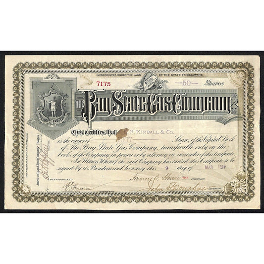 Bay State Gas Company Delaware 1899 Stock Certificate E.R. Kimball & Co.