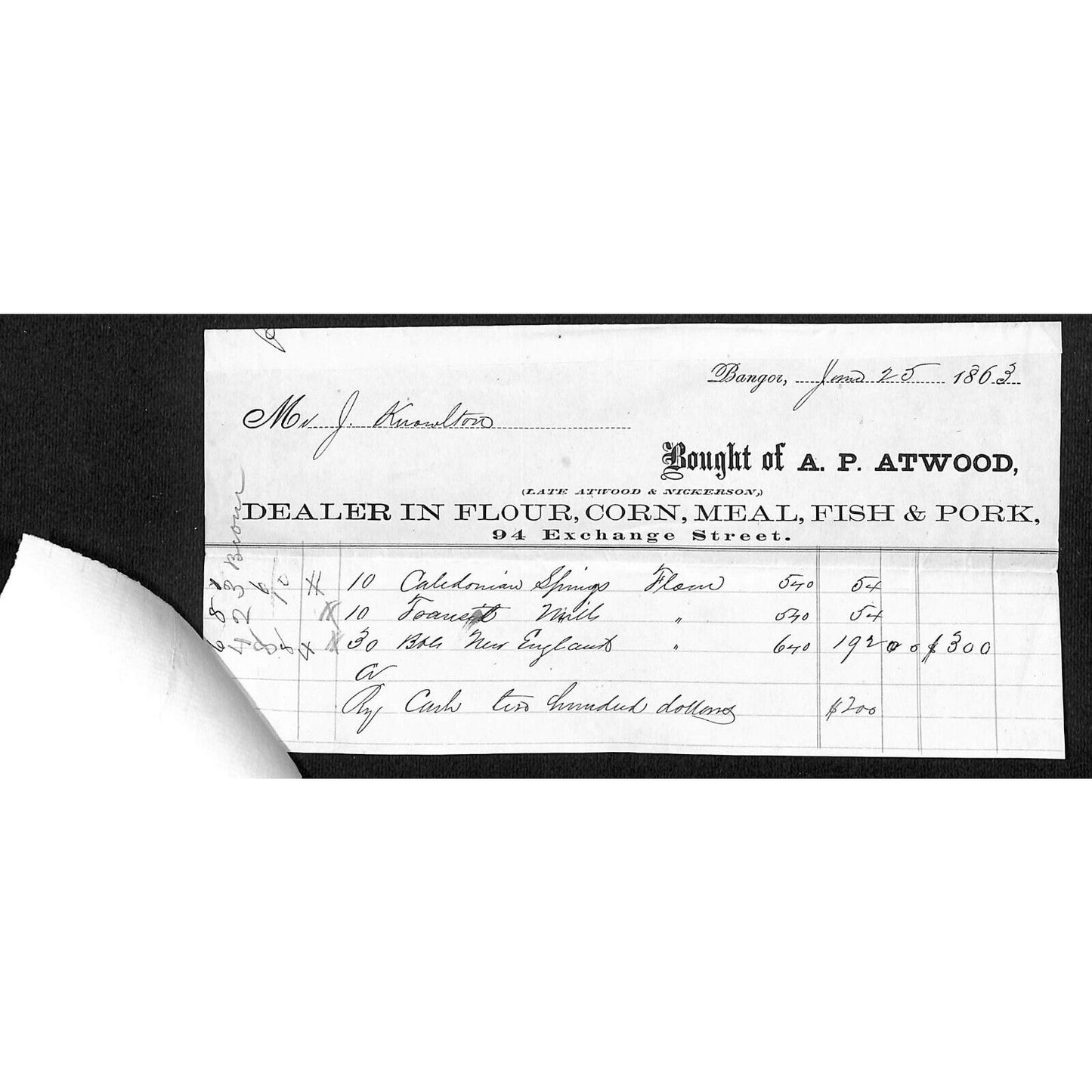 1863 Jabez Knowlton* Newburgh ME A.P. Atwood Bangor Billhead w/ Affixed Receipt