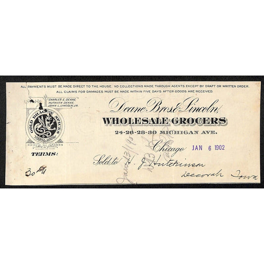 Deane Bros. & Lincoln Chicago Grocers Hutchinson Decorah IA* Cut 1902 Billhead