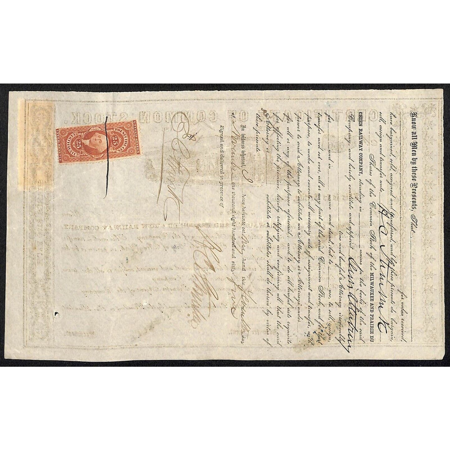 Milwaukee and Prairie Du Chien Railway 1865 Stock Certificate w/ Cert Tax Stamps