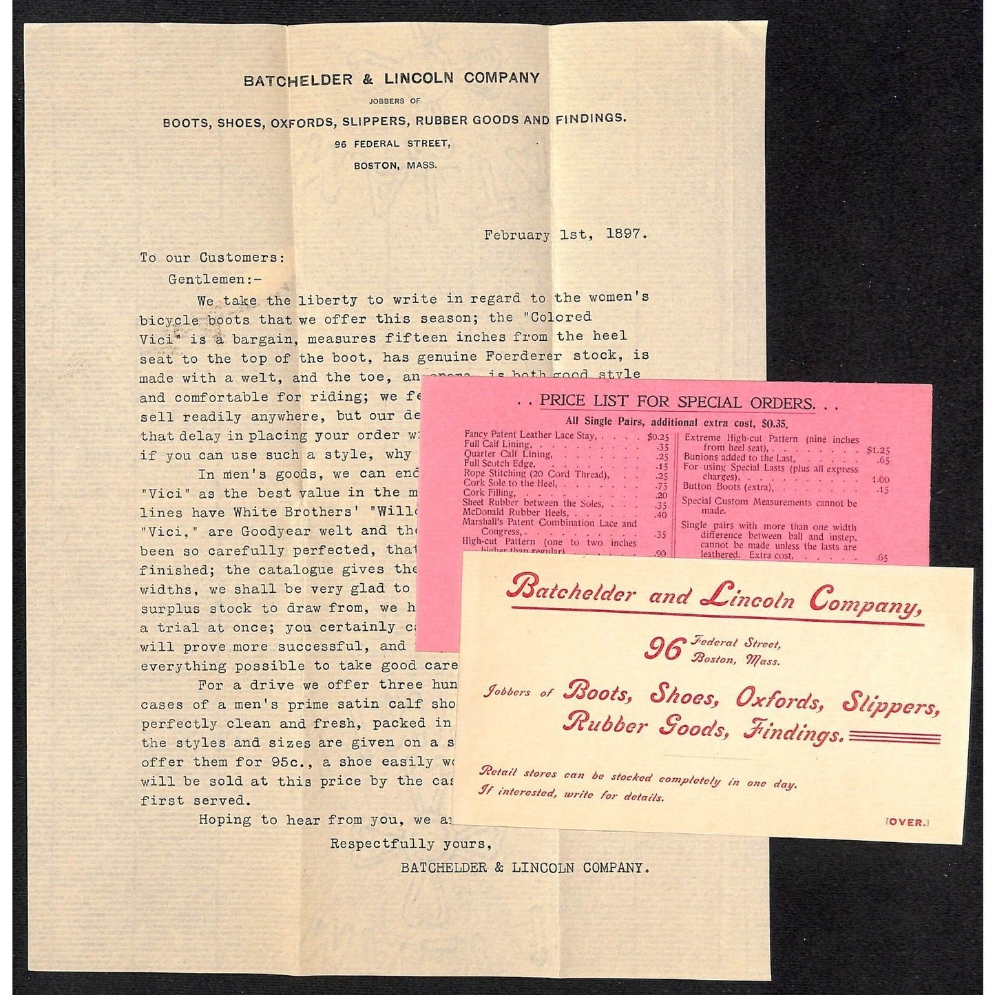 Batchelder & Lincoln Co. Boston 1897 Letterhead, Cards & Cover Bicycle Boots VGC