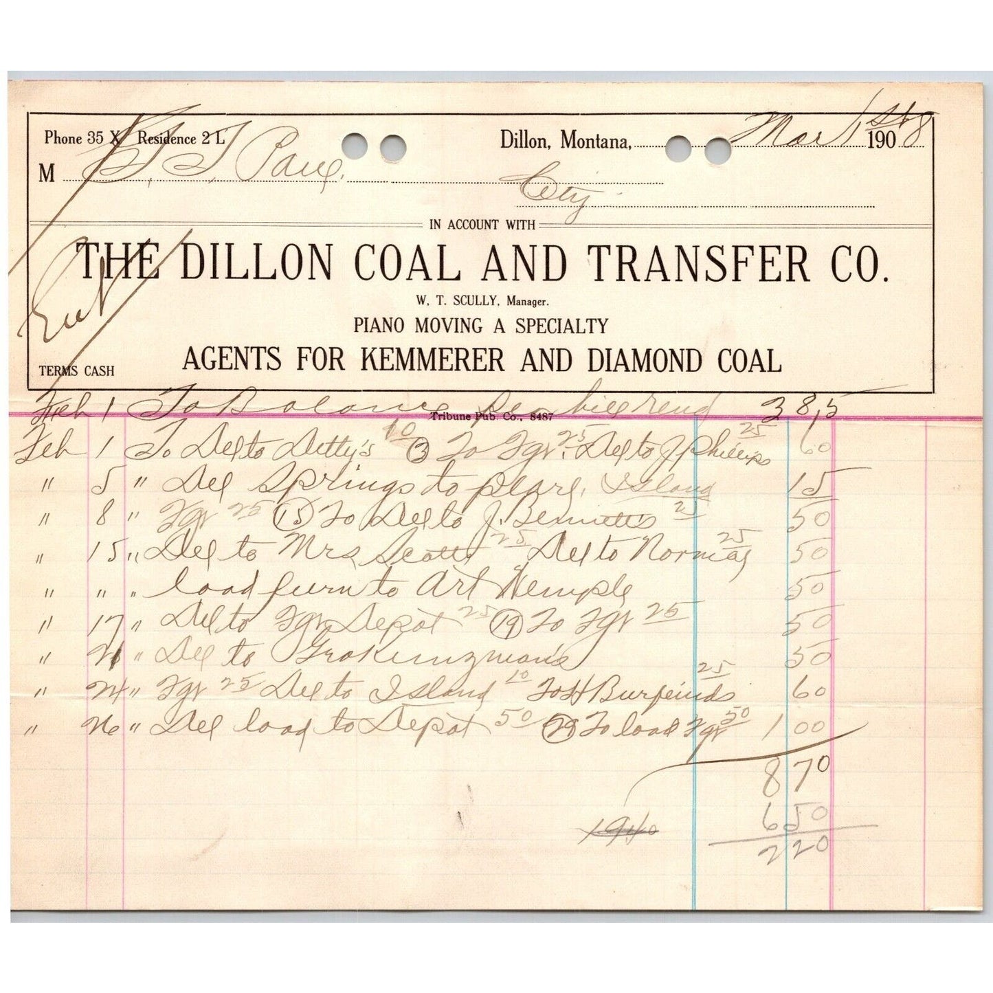 Dillon, MT Dillon Coal & Transfer Co Ice Wood Mar 1908 Billhead G.T. Paul*