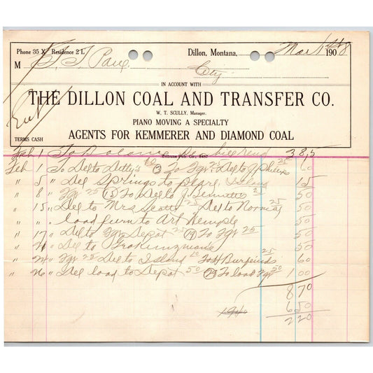 Dillon, MT Dillon Coal & Transfer Co Ice Wood Mar 1908 Billhead G.T. Paul*