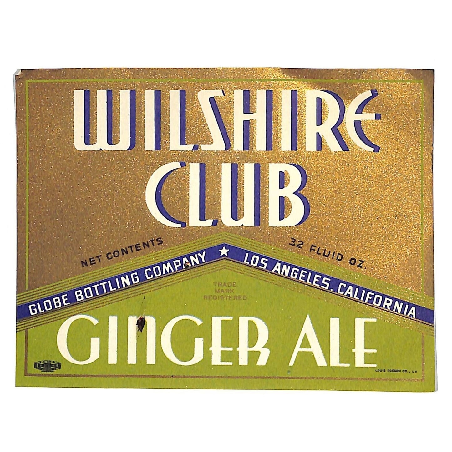 Wilshire Club Ginger Ale Soda Globe Bottling LA, CA Bottle Label c1935-45 Scarce