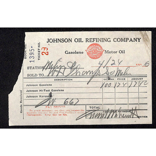 Johnson Oils Gasoline Kerosene 1926 W. H. Thompson Melvin IL #29 Station Receipt