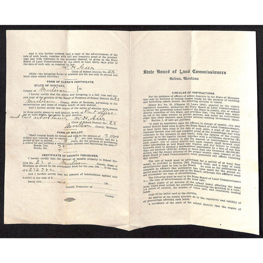 Helena Montana Land Commissioners Ballot Certificate Form 1909