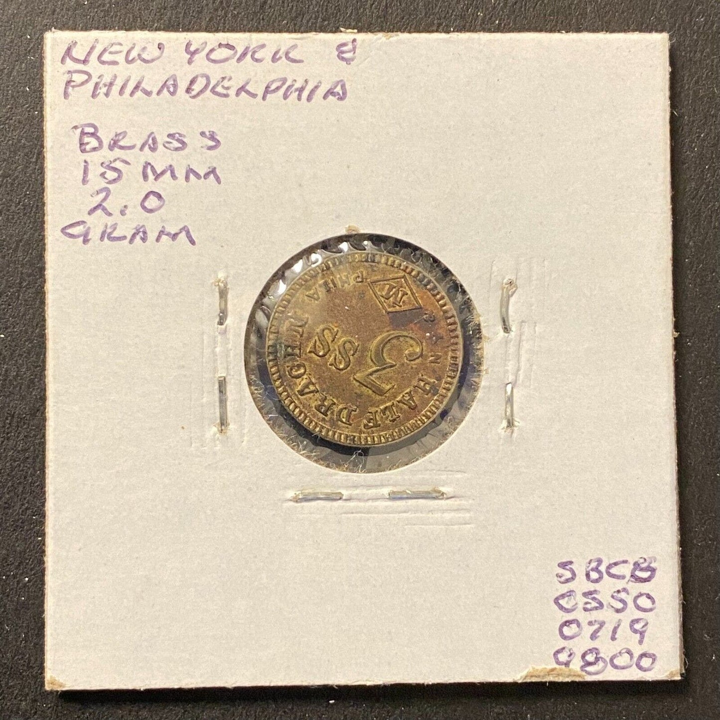 Half Drachm 3SS (John Maris) Phil. NY Apothecary Weight Brass 15mm 2g Token
