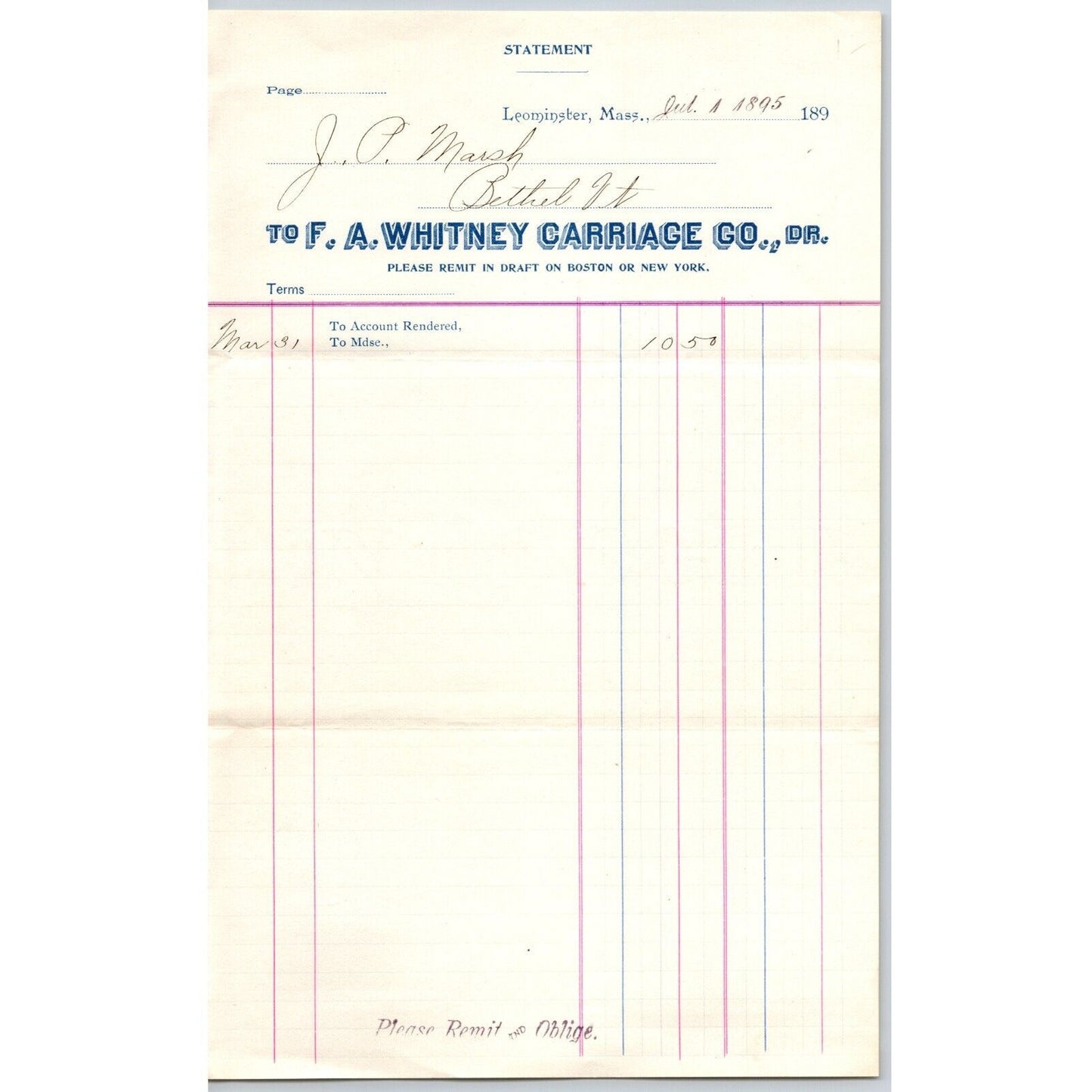 F.A. Whitney Carriage Co. Baby Leominster, MA 1896 Billhead / Statement VGC