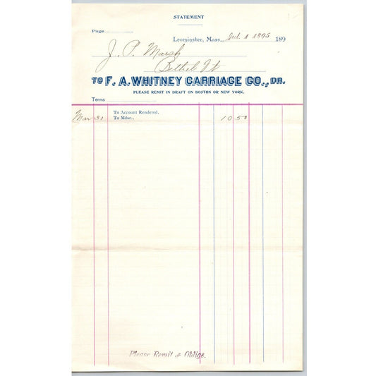 F.A. Whitney Carriage Co. Baby Leominster, MA 1896 Billhead / Statement VGC
