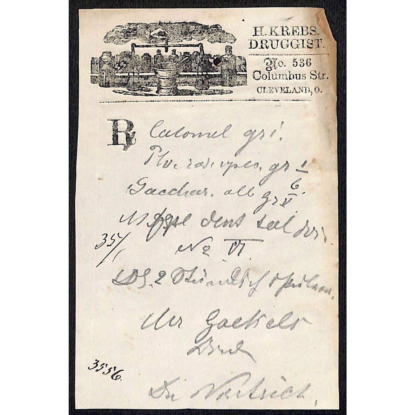 H. Krebs, Druggist Columbus St. Cleveland c1870's* Prescription #3556