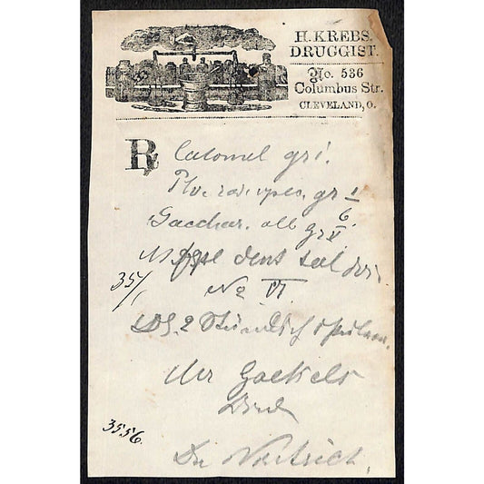 H. Krebs, Druggist Columbus St. Cleveland c1870's* Prescription #3556
