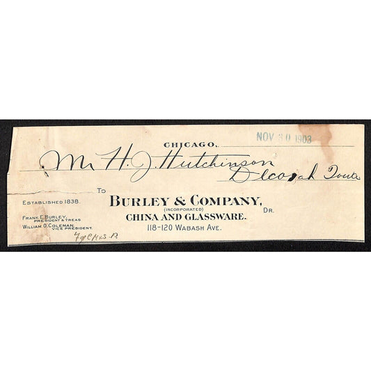 Burley & Company China Chicago HJ Hutchinson Decorah, IA* Cut 1903 Billhead
