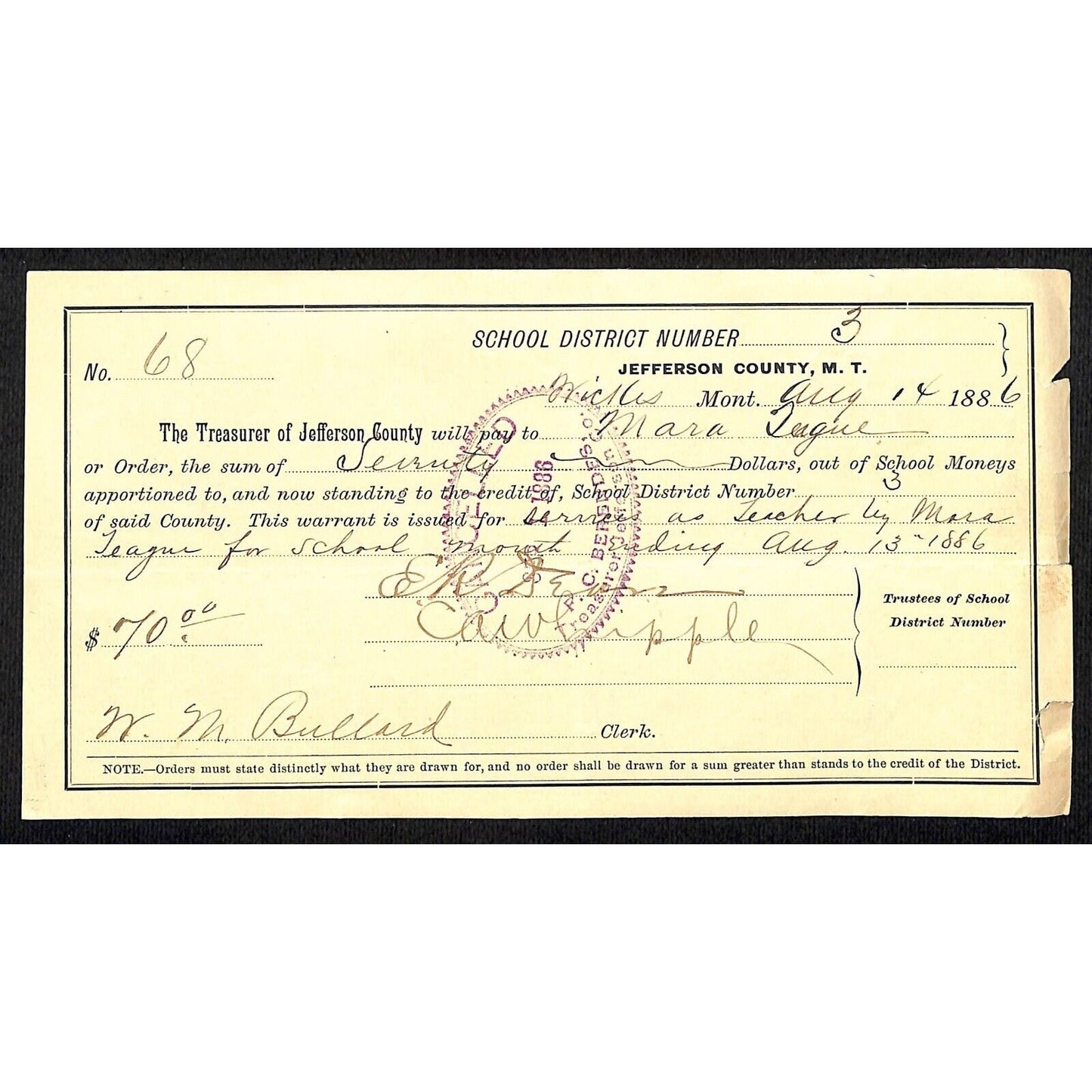 1886 Jefferson County Montana Territory School Warrant for "Services as Teacher"