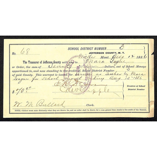 1886 Jefferson County Montana Territory School Warrant for "Services as Teacher"