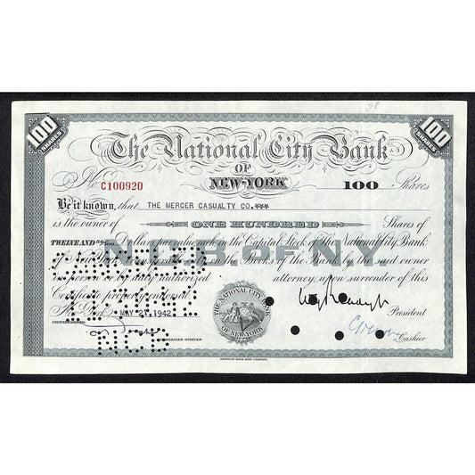 National City Bank of New York 1942 Stock Certificate The Mercer Casualty Co.