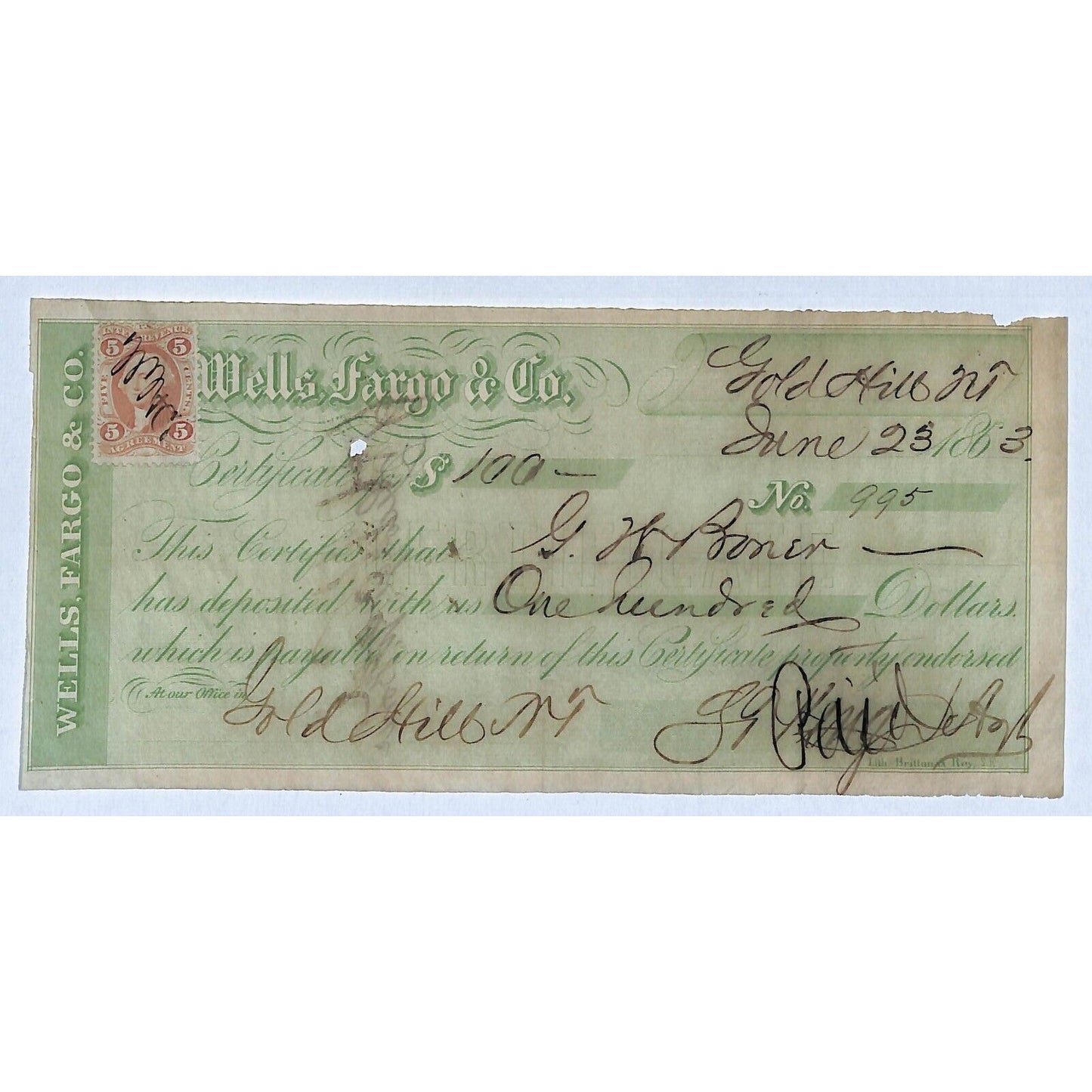 1863 Wells Fargo & Co. Gold Hill, NV Deposit Receipt "G.W. Poorer"