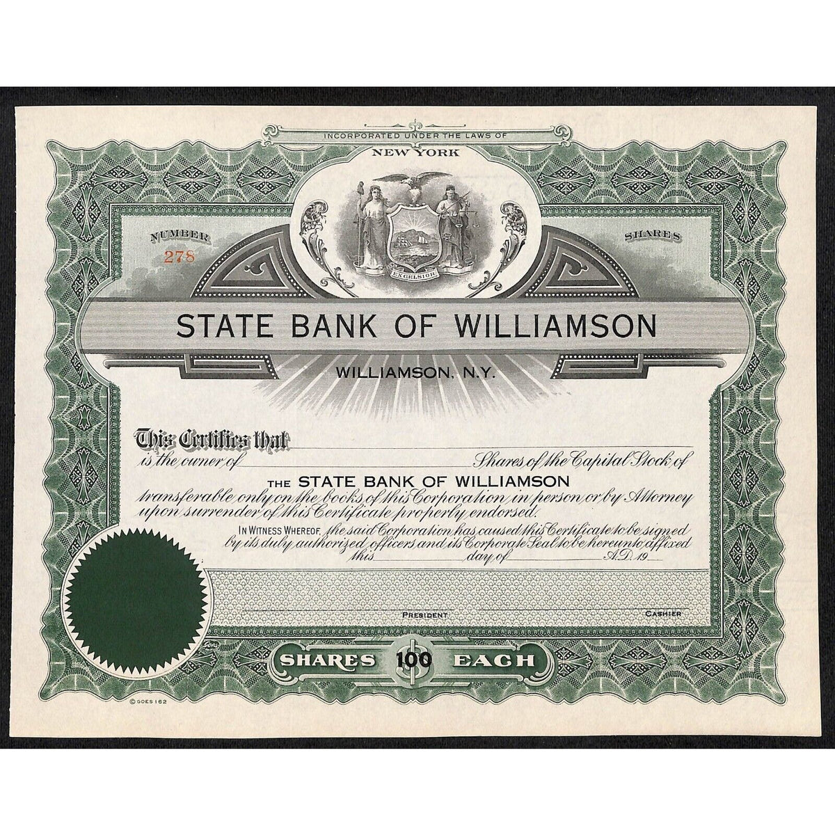 State Bank of Williamson NY c1920's-30's Unissued Stock Certificate VGC