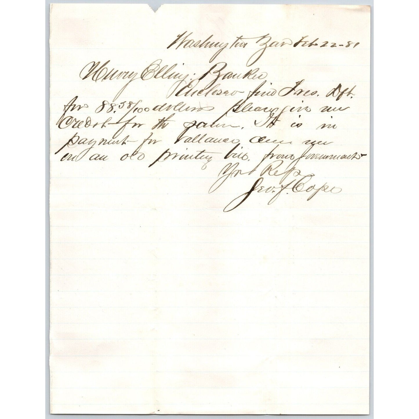1881 ALS George F. Cope Washington to Henry Elling* Virginia City, MT