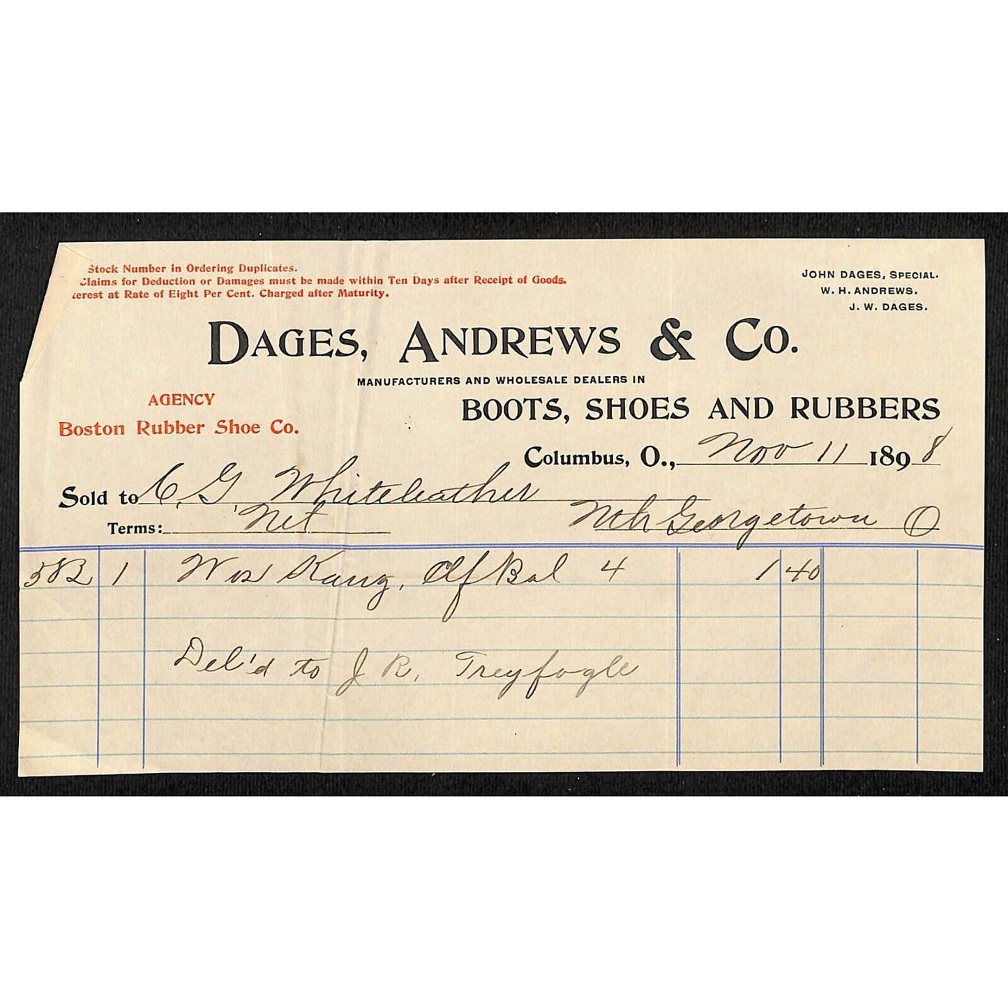 Dages, Andrews & Co. Rubbers 1898 Statement Whiteleather* N. Georgetown , OH