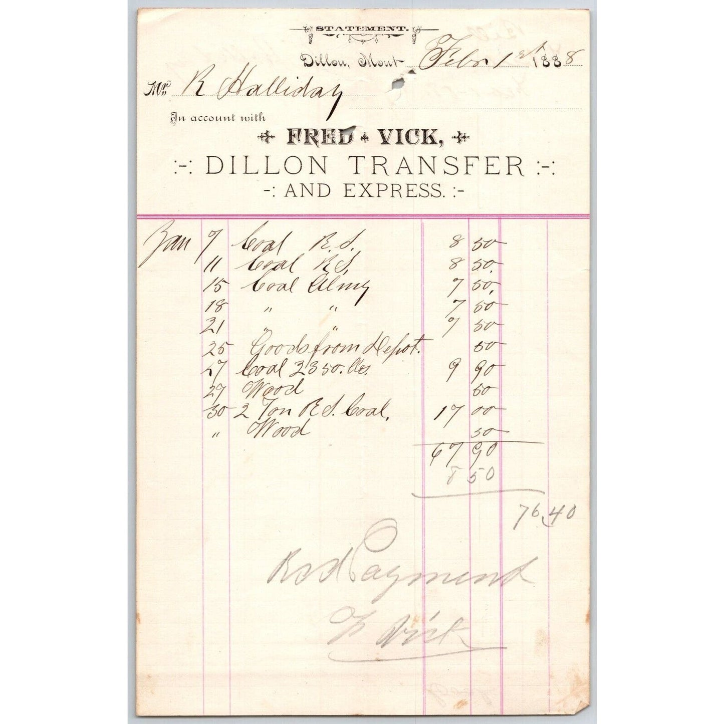 Dillon MT Fred Vick Dillon Transfer and Express 1888 Billhead R.C. Halliday*
