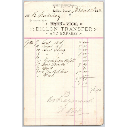 Dillon MT Fred Vick Dillon Transfer and Express 1888 Billhead R.C. Halliday*