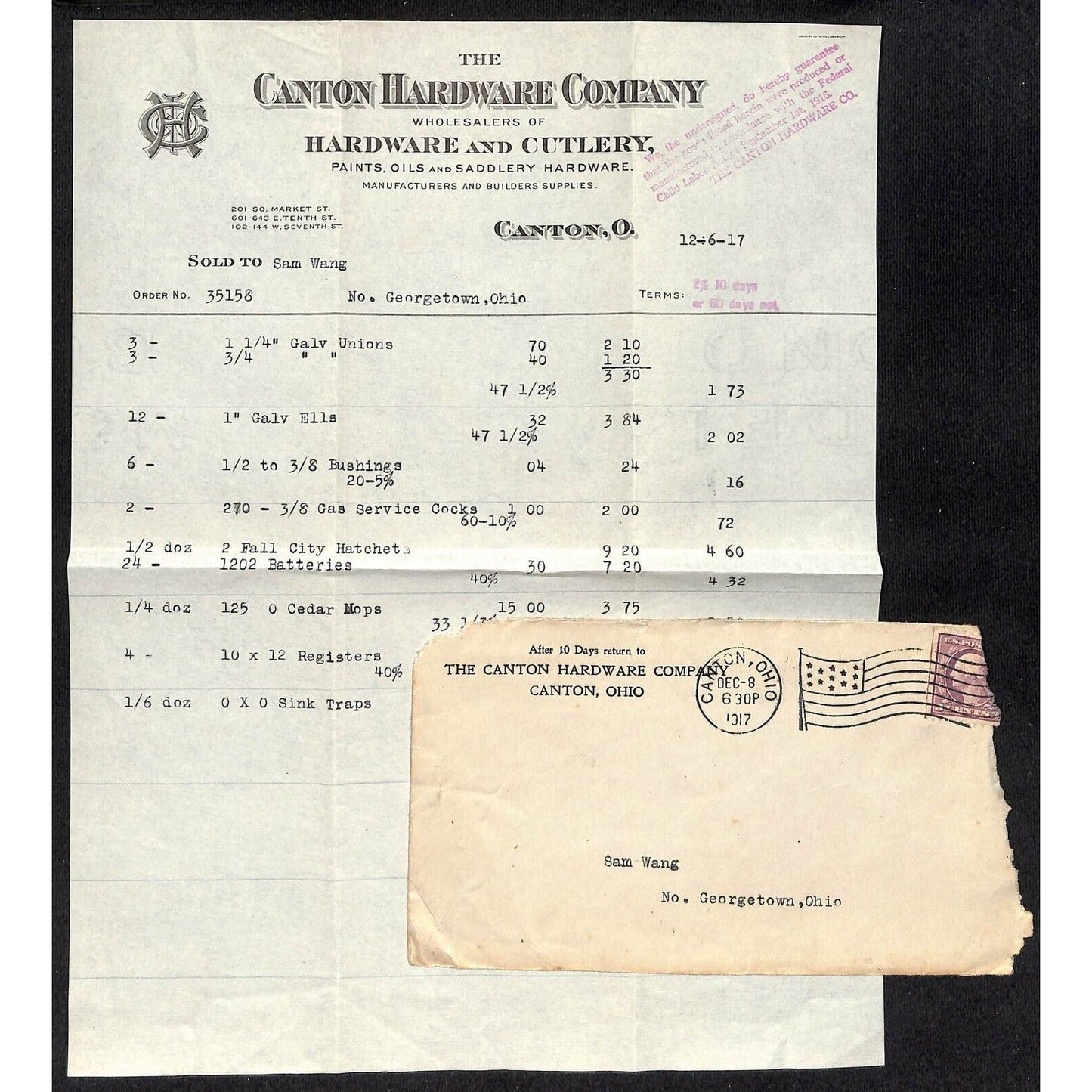 Canton Hardware Co. Ohio / Samuel Wang Co.* N. Georgetown 1917 Billhead & Cover