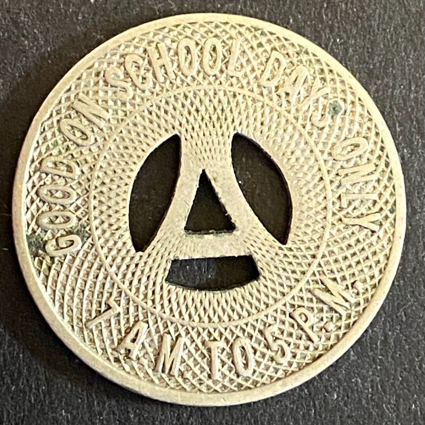 Albuquerque Bus Co. "Good on School Days Only" Token 23mm Hanging "A" (#2)