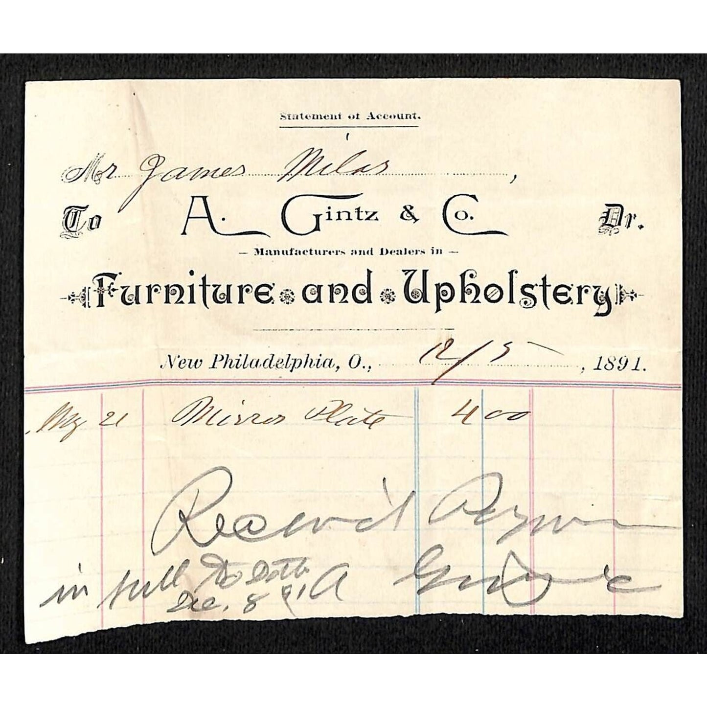 A. Gintz & Co. Furniture New Philadelphia, OH 1891 Billhead / Statement