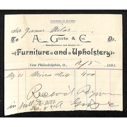 A. Gintz & Co. Furniture New Philadelphia, OH 1891 Billhead / Statement
