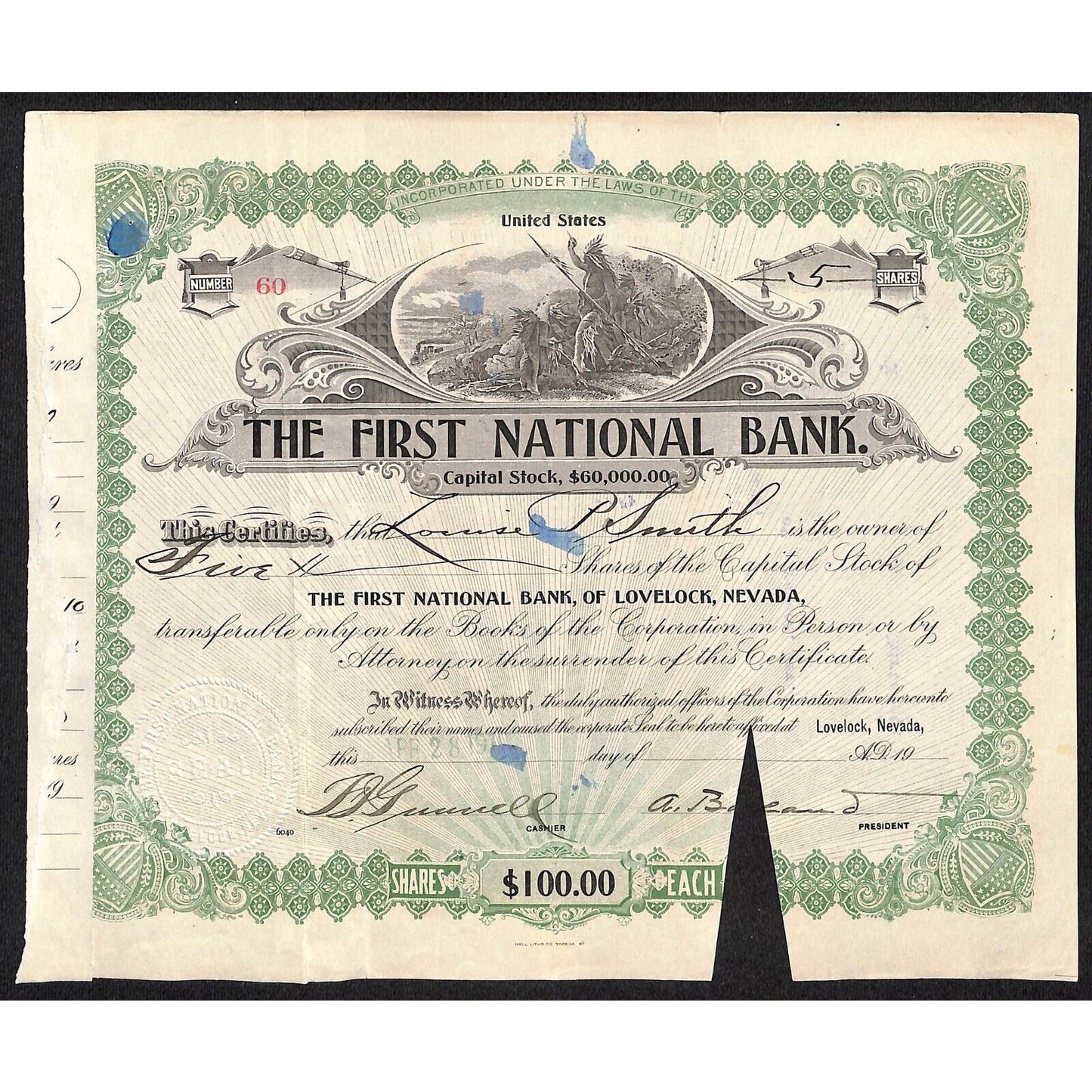 First National Bank of Lovelock, NV 1911 Stock Certificate to Louise P. Smith *