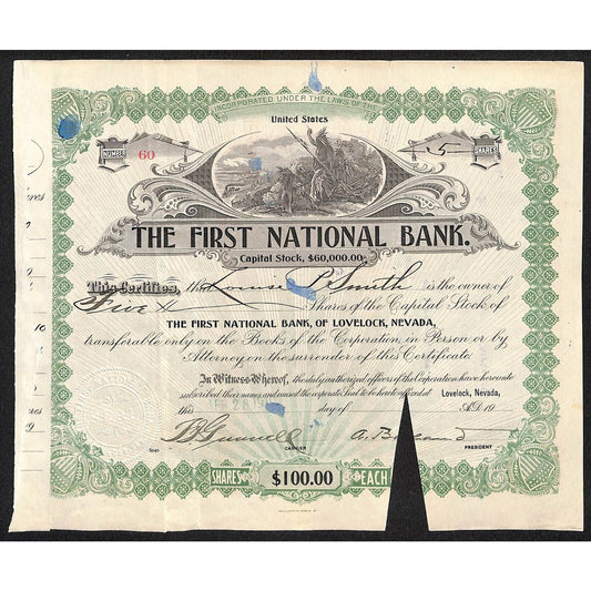First National Bank of Lovelock, NV 1911 Stock Certificate to Louise P. Smith *