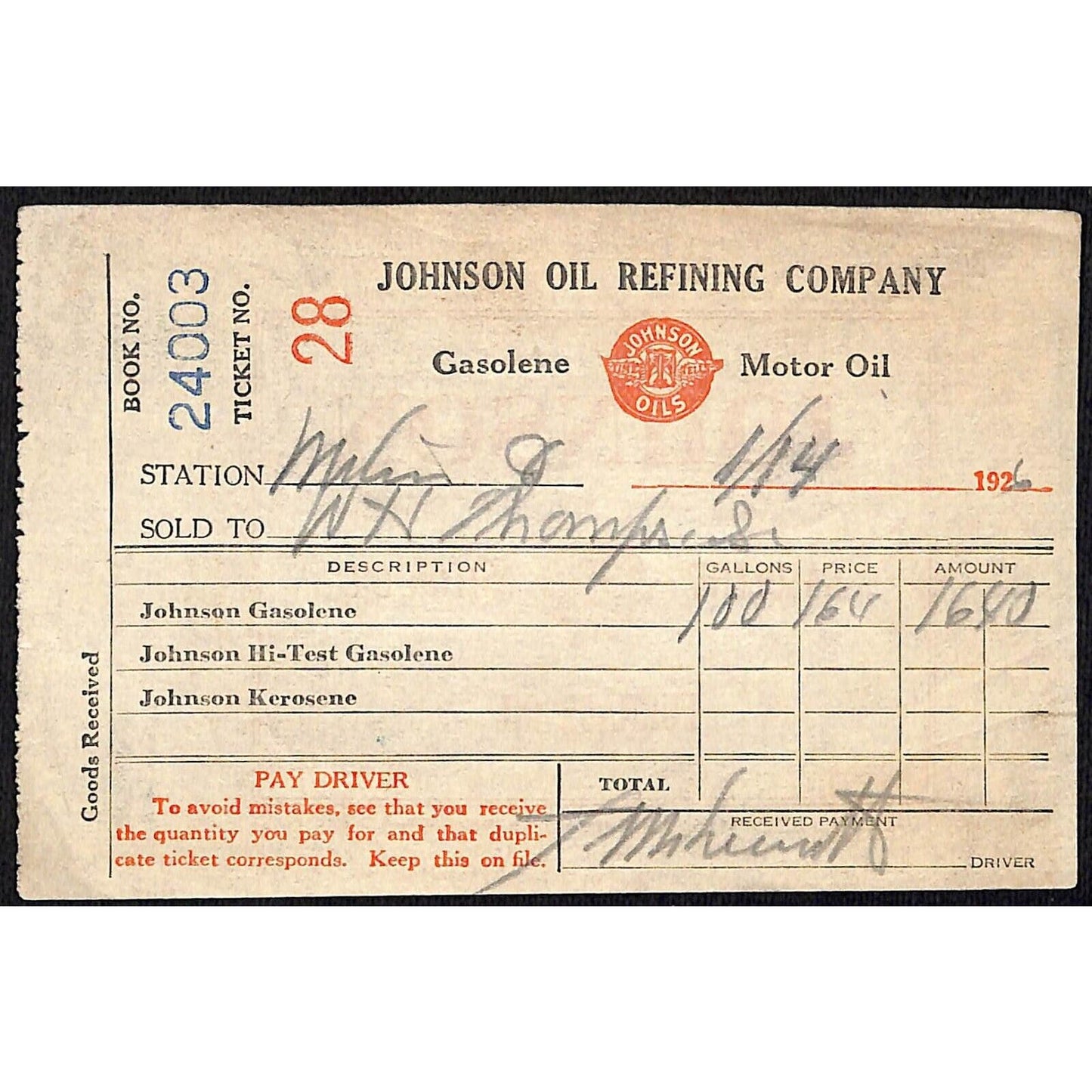 Johnson Oils Gasoline Kerosene 1926 W. H. Thompson Melvin IL #28 Station Receipt