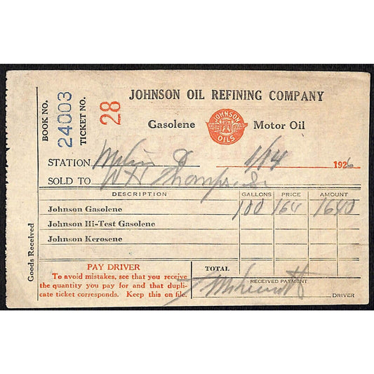 Johnson Oils Gasoline Kerosene 1926 W. H. Thompson Melvin IL #28 Station Receipt
